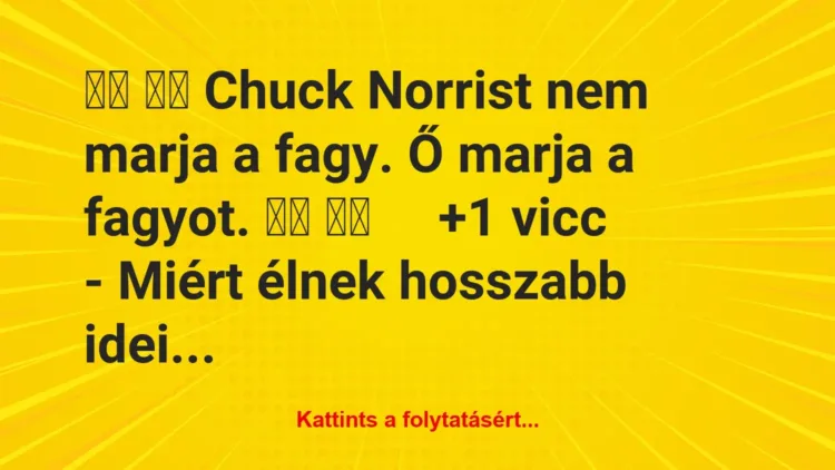 Vicc:
Chuck Norrist nem marja a fagy. Ő marja a fagyot…. Vicc:
Chuck Norrist nem marja a fagy. Ő marja a fagyot….