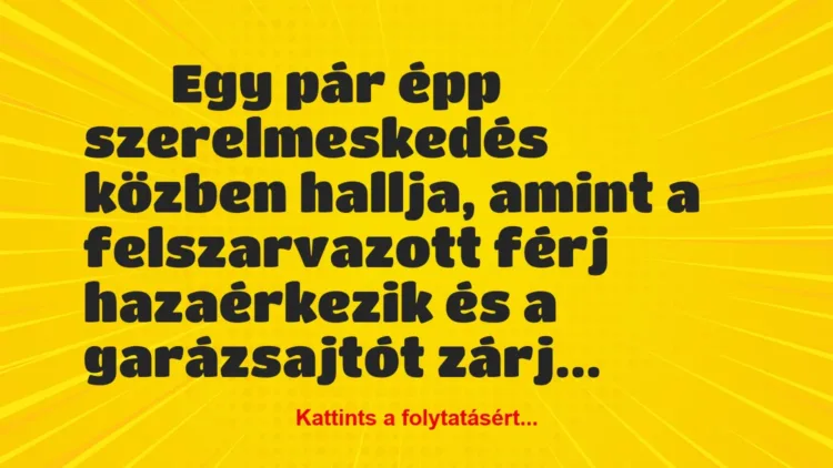 Vicc:
Egy pár épp szerelmeskedés közben hallja, amint a… Vicc:
Egy pár épp szerelmeskedés közben hallja, amint a…