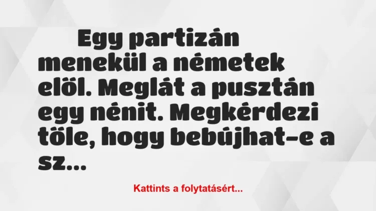 Vicc:
Egy partizán menekül a németek elől. Meglát a… Vicc:
Egy partizán menekül a németek elől. Meglát a…