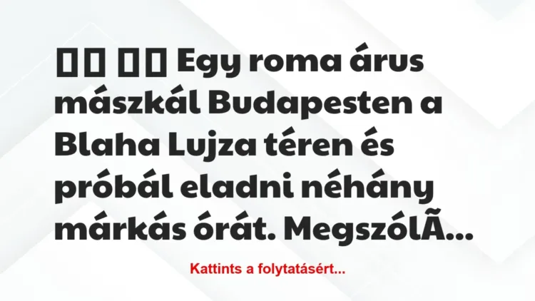 Vicc:
Egy roma árus mászkál Budapesten a Blaha Lujza… Vicc:
Egy roma árus mászkál Budapesten a Blaha Lujza…
