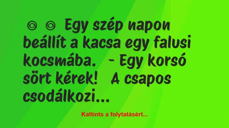 Vicc:
Egy szép napon beállít a kacsa egy falusi… Vicc:
Egy szép napon beállít a kacsa egy falusi…