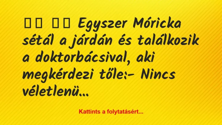 Vicc:
Egyszer Móricka sétál a járdán és találkozik a… Vicc:
Egyszer Móricka sétál a járdán és találkozik a…