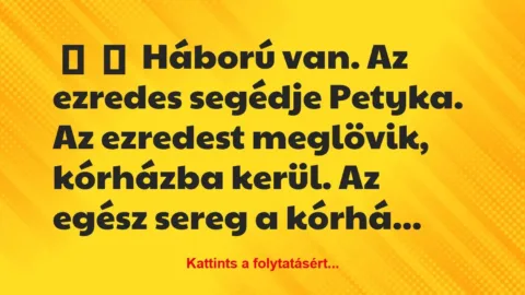 Vicc: 
	    	    Háború van. Az ezredes segédje Petyka. Az ezredest…