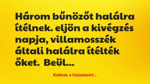 Vicc: Három bűnözőt halálra ítélnek. eljön a kivégzés napja, villamosszék…