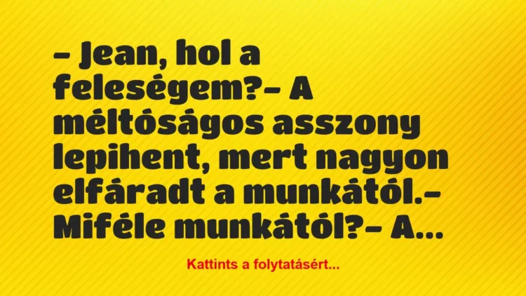 Vicc: – Jean, hol a feleségem?
– A méltóságos asszony lepihent, mert… Vicc: – Jean, hol a feleségem?
– A méltóságos asszony lepihent, mert…