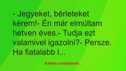 Vicc: – Jegyeket, bérleteket kérem!

– Én már elmúltam hetven…
