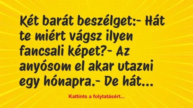 Vicc: Két barát beszélget:
– Hát te miért vágsz ilyen fancsali… Vicc: Két barát beszélget:
– Hát te miért vágsz ilyen fancsali…