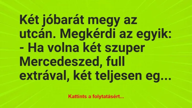 Vicc: Két jóbarát megy az utcán. Megkérdi az egyik:
– Ha volna két… Vicc: Két jóbarát megy az utcán. Megkérdi az egyik:
– Ha volna két…