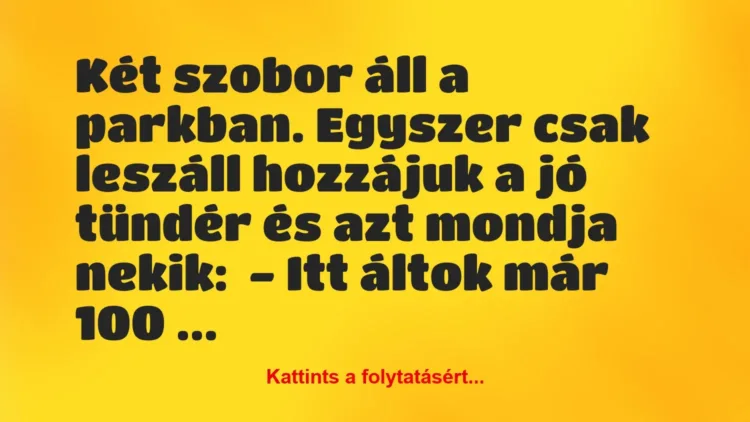 Vicc: Két szobor áll a parkban. Egyszer csak leszáll hozzájuk a jó tündér és… Vicc: Két szobor áll a parkban. Egyszer csak leszáll hozzájuk a jó tündér és…