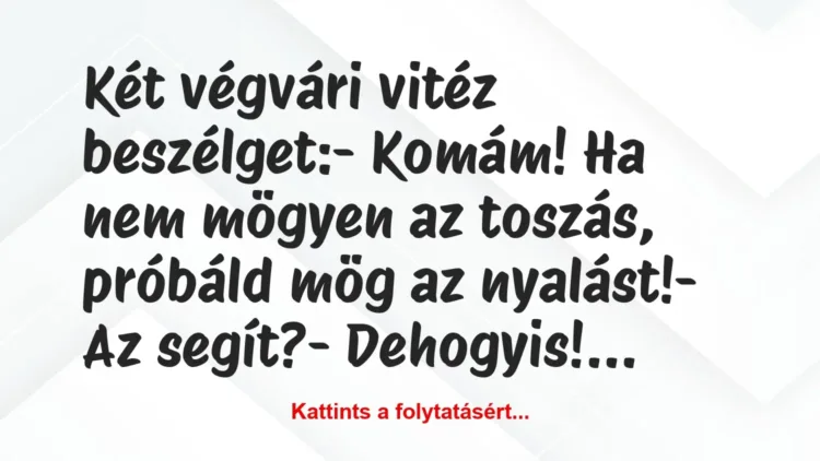 Vicc: Két végvári vitéz beszélget:
– Komám! Ha nem mögyen az toszás,… Vicc: Két végvári vitéz beszélget:
– Komám! Ha nem mögyen az toszás,…