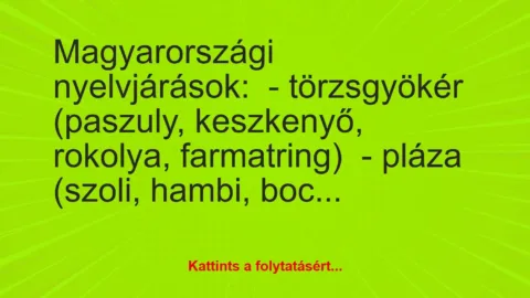 Vicc: Magyarországi nyelvjárások:

– törzsgyökér (paszuly, keszkenyő,…