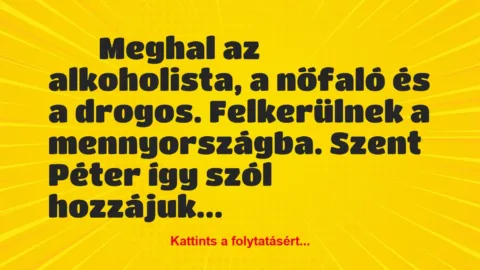 Vicc: 
		  
		  Meghal az alkoholista, a nőfaló és a drogos….
