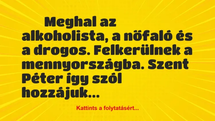 Vicc:
Meghal az alkoholista, a nőfaló és a drogos…. Vicc:
Meghal az alkoholista, a nőfaló és a drogos….