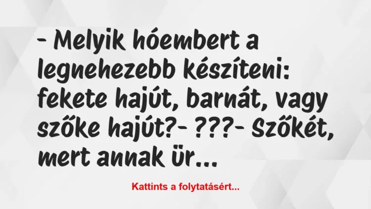 Vicc: – Melyik hóembert a legnehezebb készíteni: fekete hajút, barnát, vagy… Vicc: – Melyik hóembert a legnehezebb készíteni: fekete hajút, barnát, vagy…