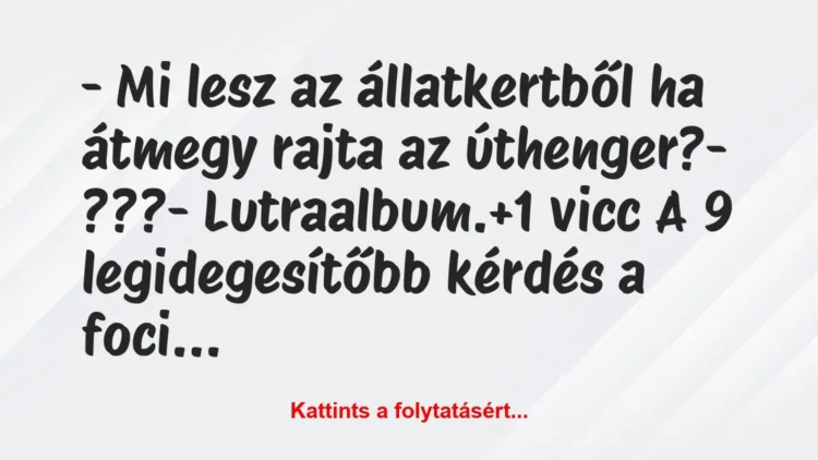 Vicc: – Mi lesz az állatkertből ha átmegy rajta az úthenger?
-… Vicc: – Mi lesz az állatkertből ha átmegy rajta az úthenger?
-…