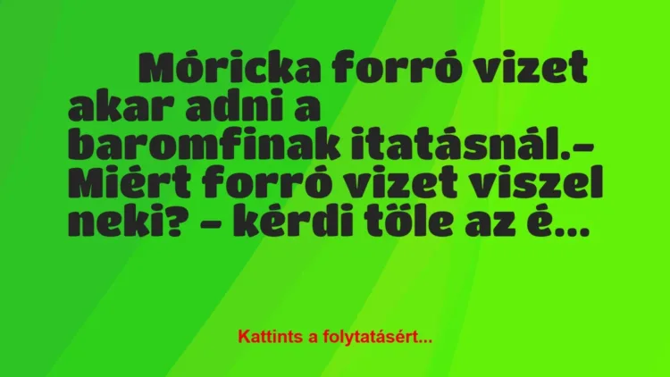 Vicc:
Móricka forró vizet akar adni a baromfinak… Vicc:
Móricka forró vizet akar adni a baromfinak…