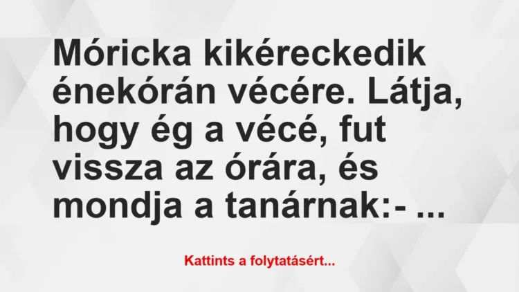 Vicc: Móricka kikéreckedik énekórán vécére. Látja, hogy ég a vécé, fut… Vicc: Móricka kikéreckedik énekórán vécére. Látja, hogy ég a vécé, fut…