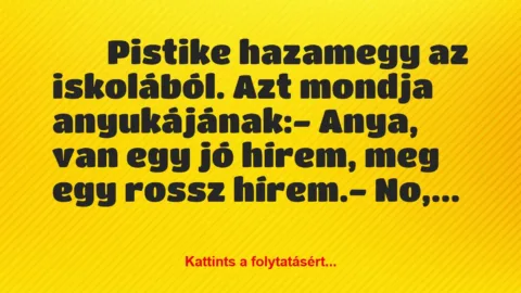 Vicc: 
		  
		  Pistike hazamegy az iskolából. Azt mondja…