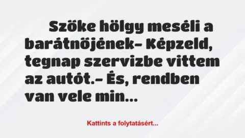 Vicc: 
		  
		  Szőke hölgy meséli a barátnőjének- Képzeld,…