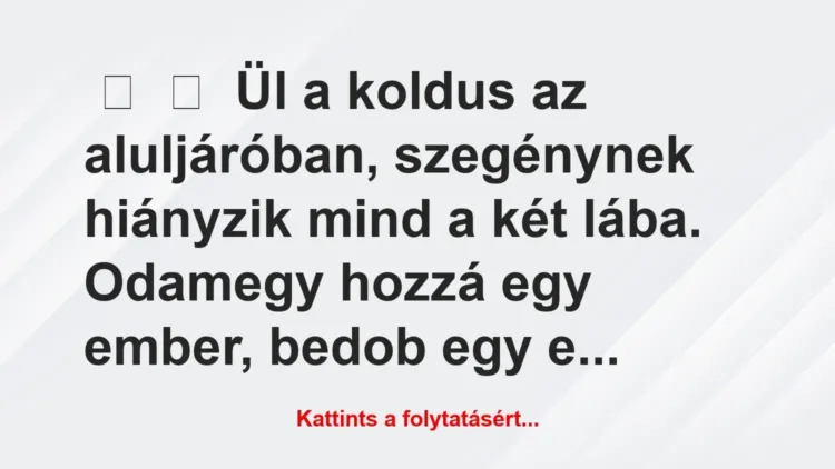Vicc:
Ül a koldus az aluljáróban, szegénynek hiányzik mind a két … Vicc:
Ül a koldus az aluljáróban, szegénynek hiányzik mind a két …