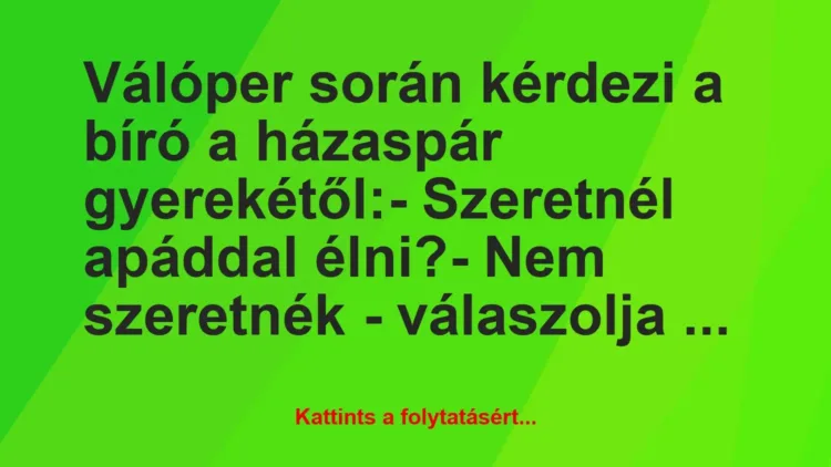 Vicc: Válóper során kérdezi a bíró a házaspár gyerekétől:
– Szeretnél a… Vicc: Válóper során kérdezi a bíró a házaspár gyerekétől:
– Szeretnél a…