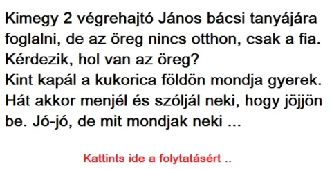 Vicc: Kimegy 2 végrehajtó János bácsi tanyájára