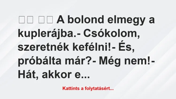 Vicc:
A bolond elmegy a kuplerájba.- Csókolom,… Vicc:
A bolond elmegy a kuplerájba.- Csókolom,…