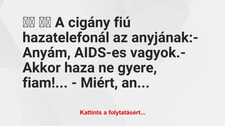 Vicc:
A cigány fiú hazatelefonál az anyjának:-… Vicc:
A cigány fiú hazatelefonál az anyjának:-…
