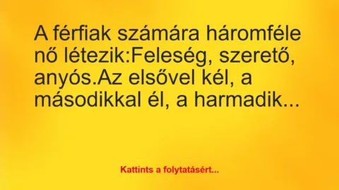 Vicc: A férfiak számára háromféle nő létezik:

Feleség, szerető,…
