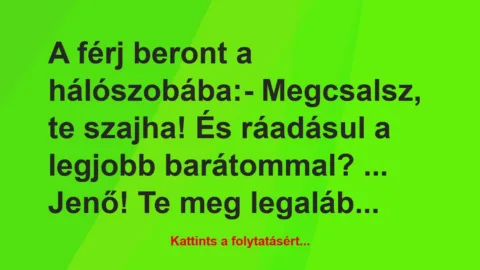 Vicc: A férj beront a hálószobába:

– Megcsalsz, te szajha! És ráadásul…