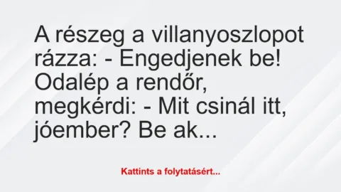 Vicc: A részeg a villanyoszlopot rázza:
– Engedjenek be!
Odalép a rendőr,…