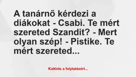 Vicc: A tanárnő kérdezi a diákokat
– Csabi. Te mért szereted Szandit?
-…