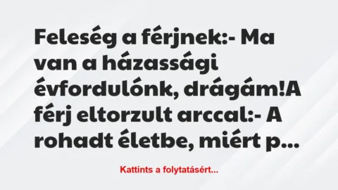 Vicc: Feleség a férjnek:

– Ma van a házassági évfordulónk,…