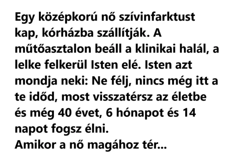 VICC: A szívinfarktusban meghalt nő lelke Isten elé kerül VICCELŐDŐ LEGENDÁK: A szívinfarktusta túlélő nő és a felettese találkozása