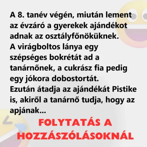 Vicc: A tanév végén a gyerekek ajándékot adnak az osztályfőnöküknek
