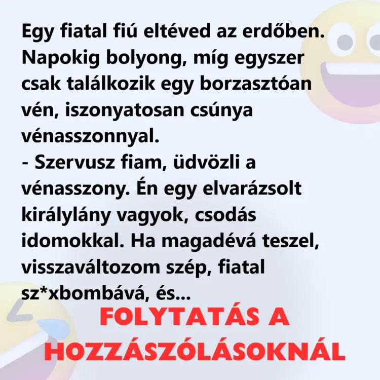 Vicc: Egy fiatal fiú eltéved az erdőben Vicc: Egy fiatal fiú eltéved az erdőben