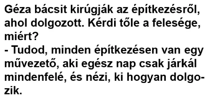 Vicc: Humor: Géza bácsit kirúgják az építkezésről, ahol dolgozott -... Vicc: Humor: Géza bácsit kirúgják az építkezésről, ahol dolgozott -…