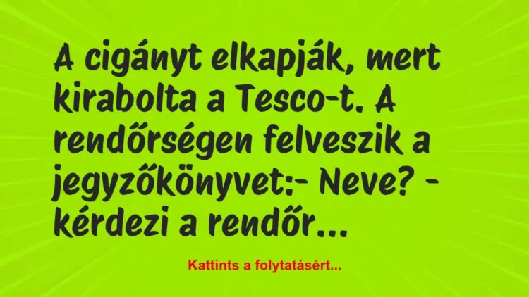 Vicc: A cigányt elkapják, mert kirabolta a Tesco-t. A rendőrségen felveszik… Vicc: A cigányt elkapják, mert kirabolta a Tesco-t. A rendőrségen felveszik…
