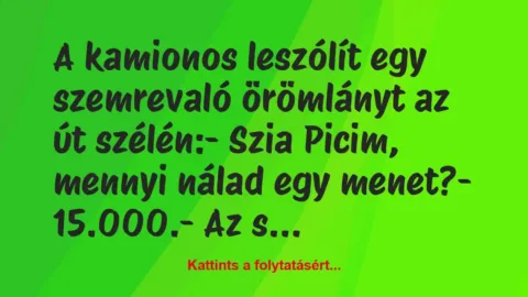 Vicc: A kamionos leszólít egy szemrevaló örömlányt az út szélén:

– Szia…