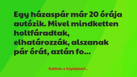 Vicc: Egy házaspár már 20 órája autózik. Mivel mindketten holtfáradtak,…