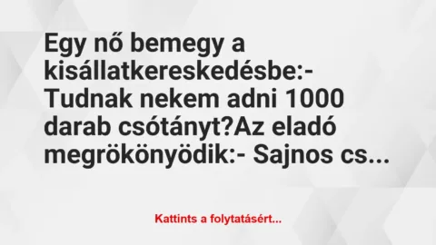 Vicc: Egy nő bemegy a kisállatkereskedésbe:

– Tudnak nekem adni 1000…