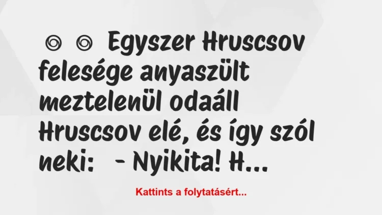 Vicc:
Egyszer Hruscsov felesége anyaszült meztelenül odaáll… Vicc:
Egyszer Hruscsov felesége anyaszült meztelenül odaáll…