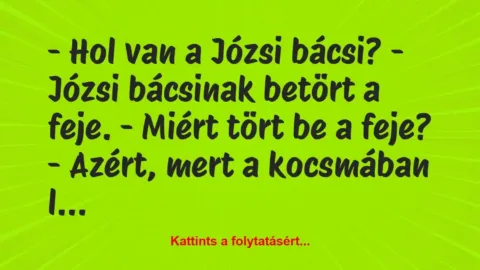 Vicc: – Hol van a Józsi bácsi?
– Józsi bácsinak betört a feje.
– Miért…