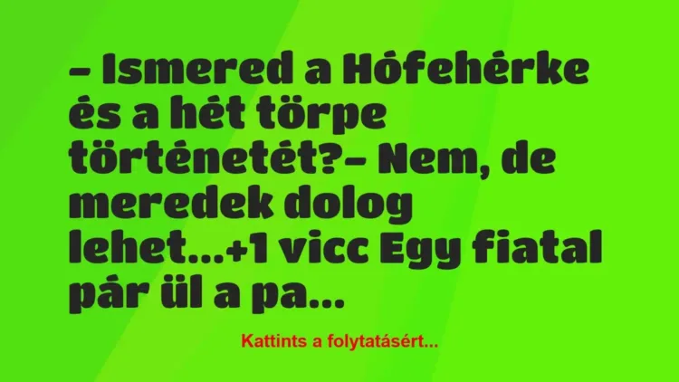 Vicc: – Ismered a Hófehérke és a hét törpe történetét?
– Nem, de… Vicc: – Ismered a Hófehérke és a hét törpe történetét?
– Nem, de…