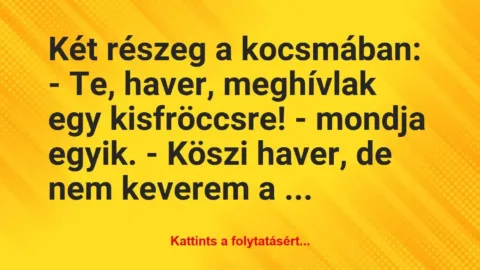 Vicc: Két részeg a kocsmában:
– Te, haver, meghívlak egy kisfröccsre! -…