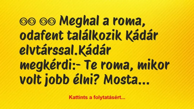 Vicc:
Meghal a roma, odafent találkozik Kádár… Vicc:
Meghal a roma, odafent találkozik Kádár…