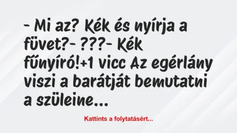 Vicc: – Mi az? Kék és nyírja a füvet?

– ???

– Kék fűnyíró!