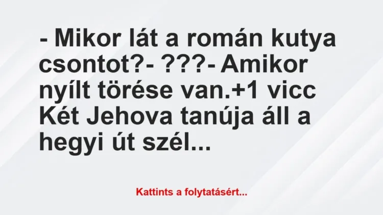 Vicc: – Mikor lát a román kutya csontot?
– ???
– Amikor nyílt… Vicc: – Mikor lát a román kutya csontot?
– ???
– Amikor nyílt…