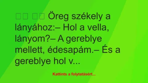 Vicc: 
		  
		  Öreg székely a lányához:– Hol a vella,…