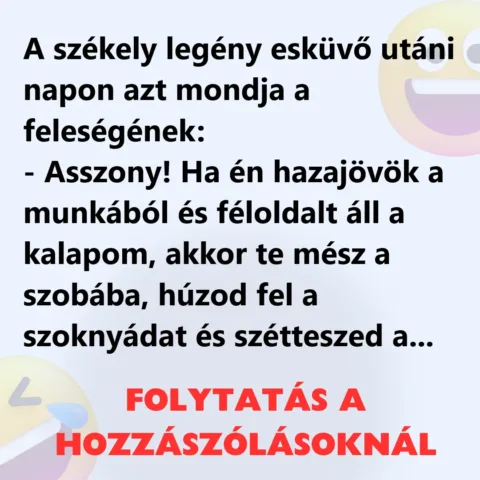 Vicc: A székely legény esküvő utáni napon azt mondja a Vicc: A székely legény esküvő utáni napon azt mondja a feleségének